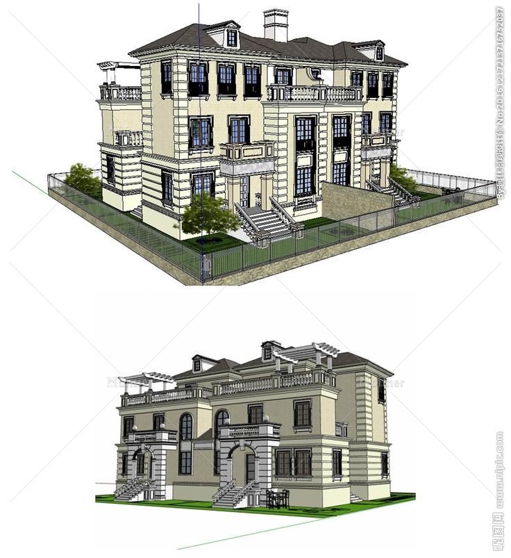 法式双拼别墅建筑草图大师模型图片