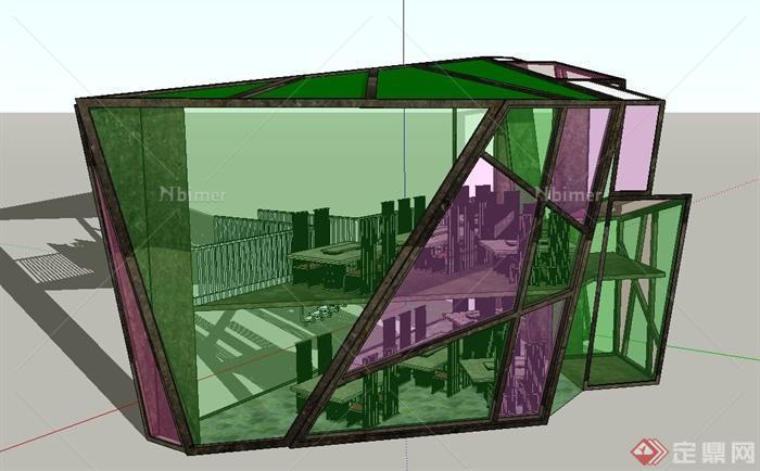 现代两层玻璃三角形餐饮建筑设计SU模型[原创]