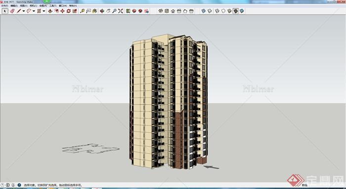 现代风格高层独栋住宅单元楼建筑设计SU模型