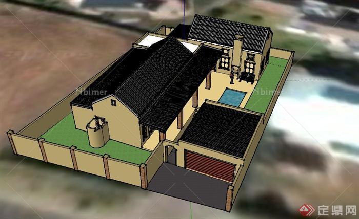 某现代单层乡村居民住宅建筑设计SU模型