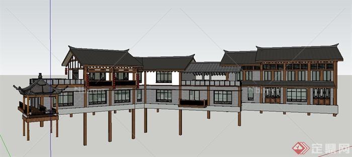 现代中式滨水茶馆建筑设计su模型