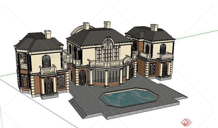 某欧式两层联排组合别墅建筑设计SU模型