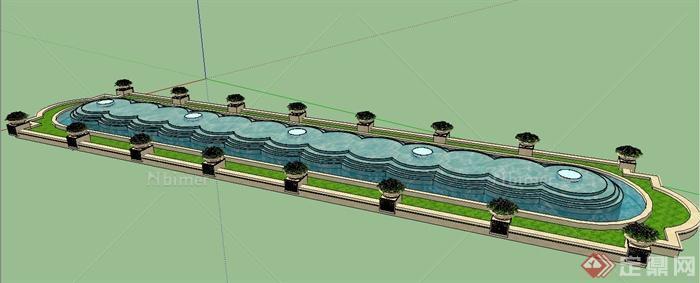现代风格长形景观叠水池su模型