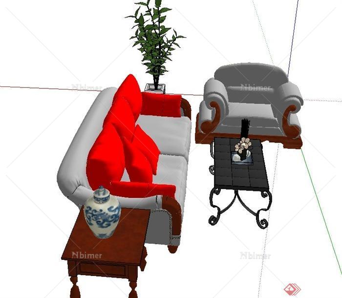 现代风格室内沙发茶几摆件组合设计SU模型