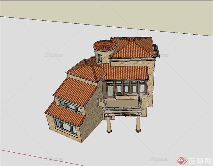 西班牙风格独特造型别墅建筑su模型[原创]