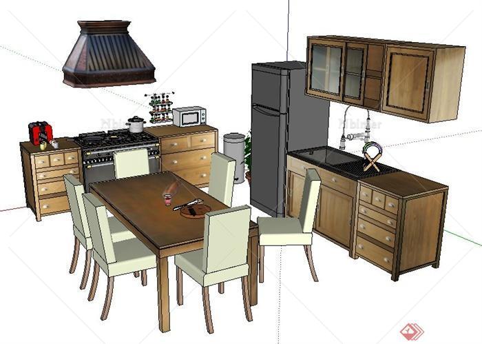 现代风格厨房橱柜及餐桌椅su模型