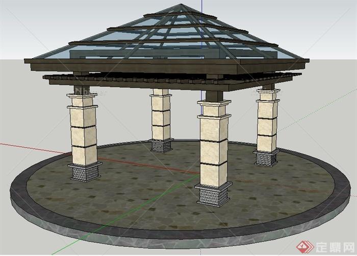 简约中式木制玻璃四角亭su模型