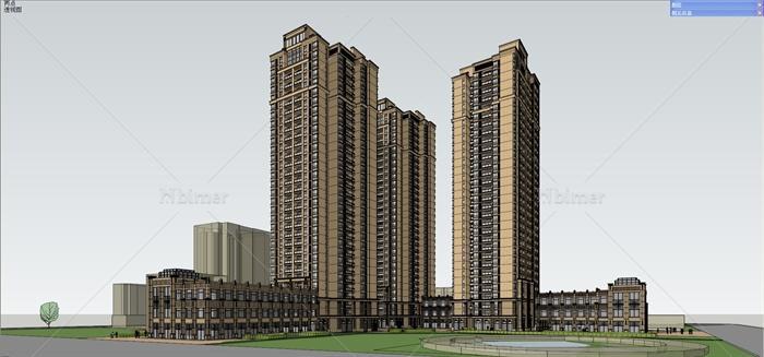 新古典风格的高层住宅和底层商业楼建筑设计su模
