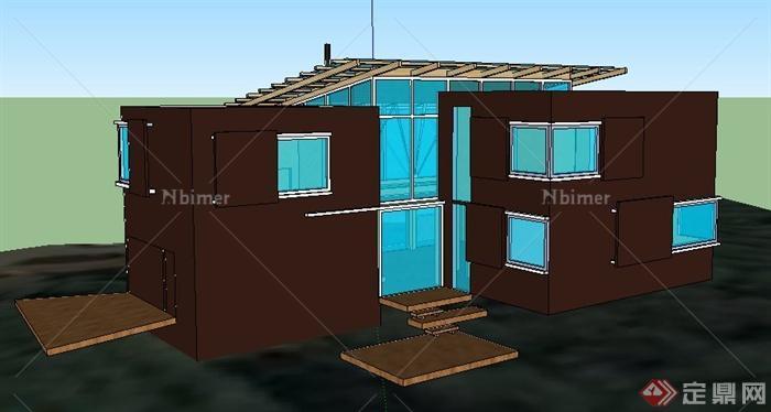 某现代二层住宅小别墅建筑设计su模型