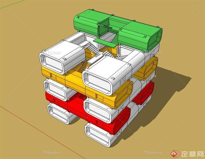 现代集装箱居住楼建筑设计su模型[原创]