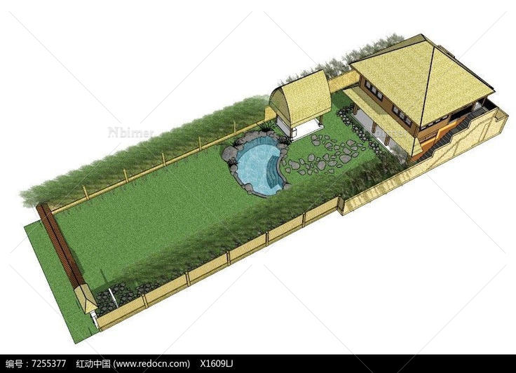 东南亚风格别墅庭院水池的SU模型-