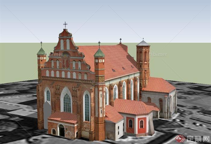 某欧式组合粉色基督教堂建筑设计SU模型
