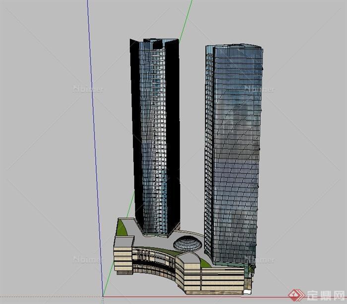 两栋办公楼建筑设计su模型（下面为商场建筑）