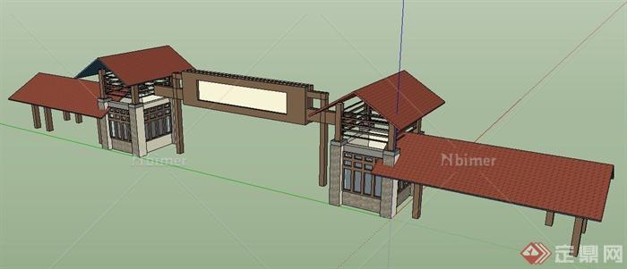 简约中式风格入口大门su模型