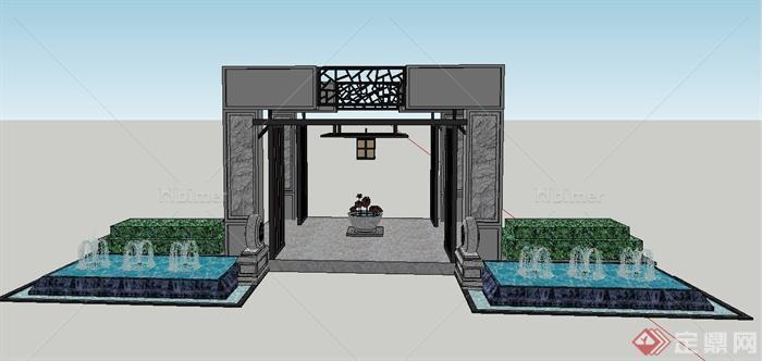 古典中式方形廊架与水景组合设计SU模型