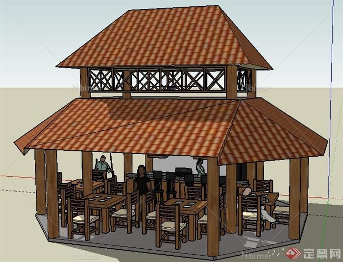 中式风格餐厅凉亭设计su模型