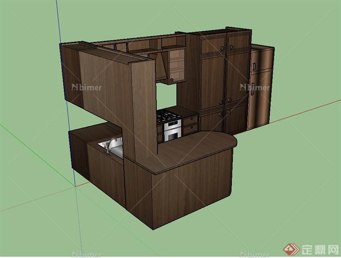 某现代风格详细木质厨房橱柜设备设计su模型[原创