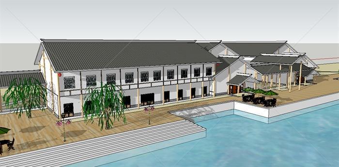 现代中式风格滨水住宅建筑设计su模型