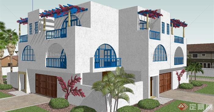 西班牙风格正方形三层别墅建筑SketchUp模型[原创