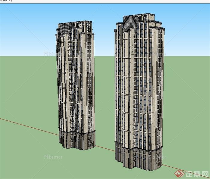 现代风格两栋高层住宅建筑楼设计su模型[原创]