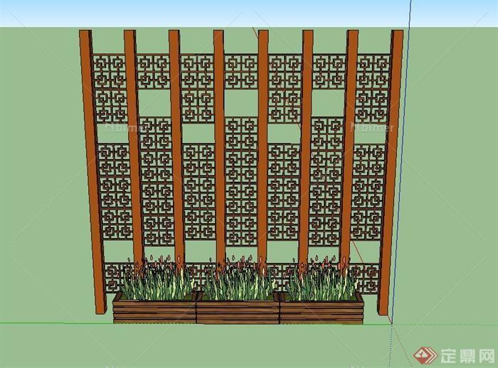 某庭院景观木质镂空景墙与种植池设计SU模型