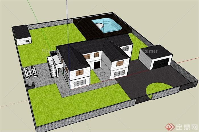 某私人双层住宅建筑设计SU模型（带庭院）