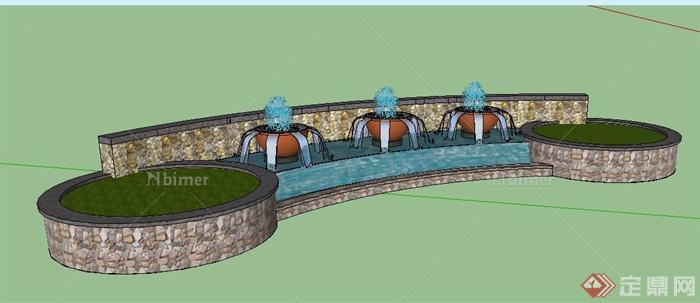 现代对称式喷泉水池设计su模型[原创]