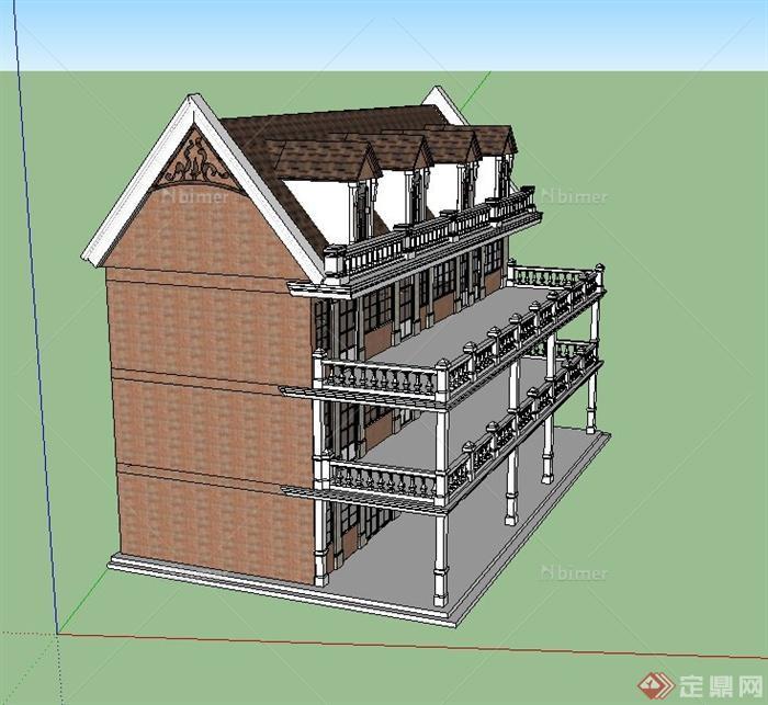 某欧式三层带阳台咖啡馆建筑设计SU模型