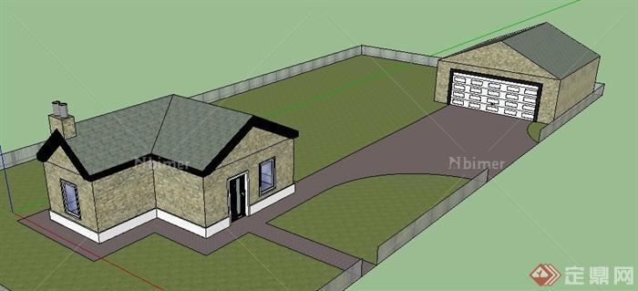 某地单层住宅带车库建筑设计SU模型