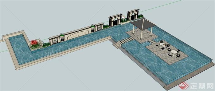 水池景亭景墙组合设计SU模型