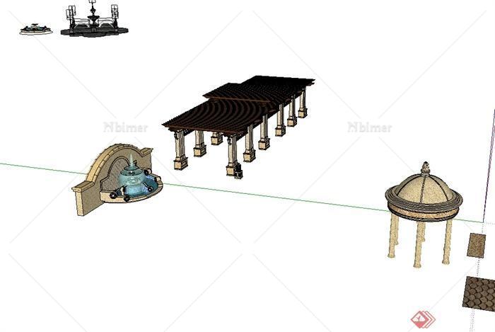 某欧式风格凉亭、廊架、水景设计su模型[原创]