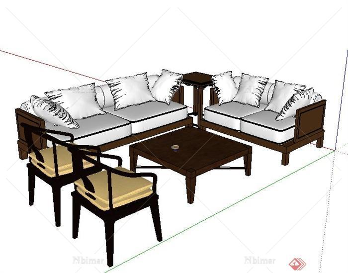 一组中式风格沙发茶几组合家具设计su模型