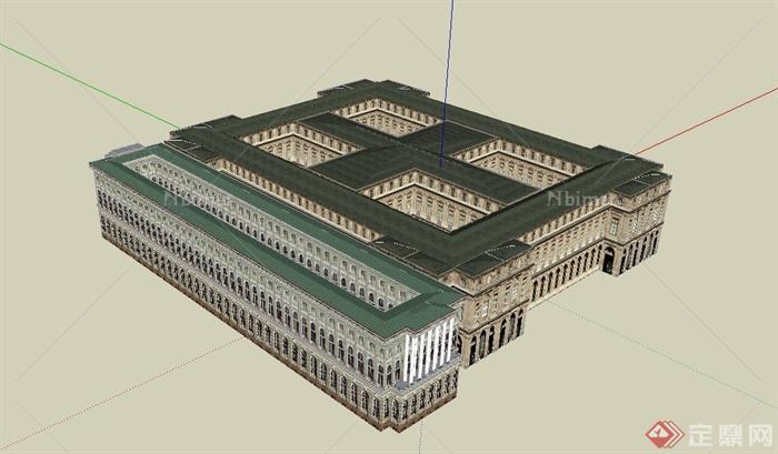 某欧式田字格式三层修道院建筑设计SU模型