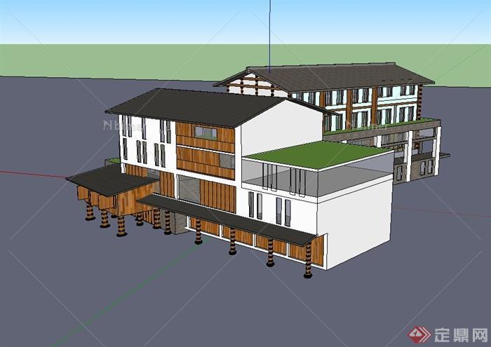 现代中式风格详细完整的商业建筑楼设计su模型[原