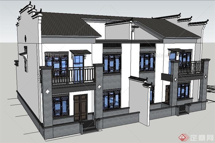 现代中式风格双拼住宅建筑设计su模型