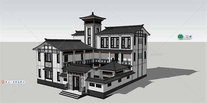 现代中式风格别墅单体建筑设计su模型[原创]