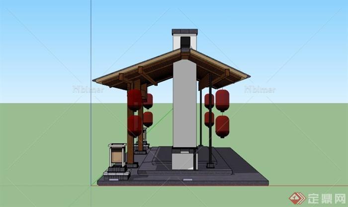 红灯笼木亭子大门设计SU模型