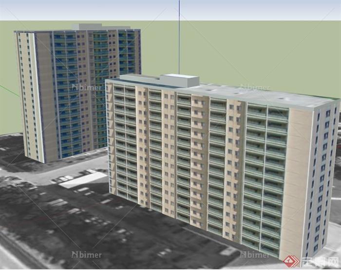 两栋住宅楼建筑设计SU贴图模型