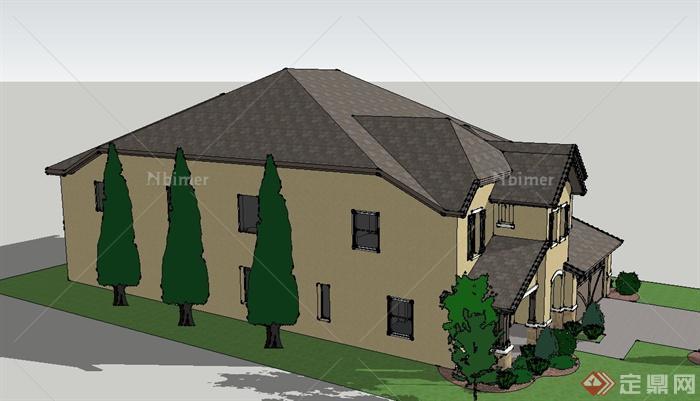 欧式风格两层自家别墅建筑设计SketchUp模型[原创