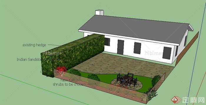 某现代一层住宅建筑庭院景观设计SU模型