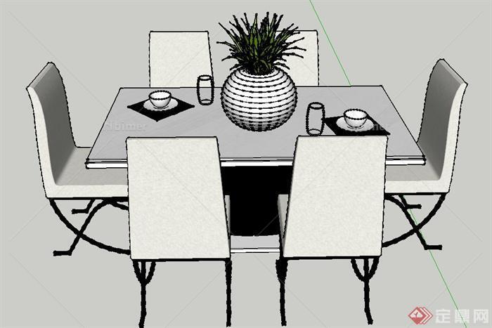 现代简约室内六人餐桌椅设计SU模型