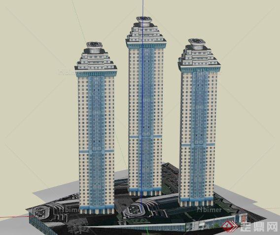 现代某三栋高层办公楼建筑设计SU模型