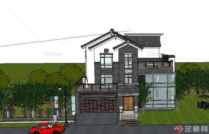 某新中式独栋别墅建筑设计SU模型1
