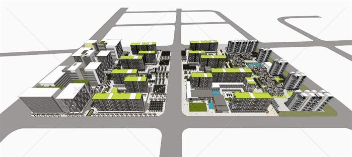 上海虹桥某现代风格公寓小区建筑规划SU精致模型