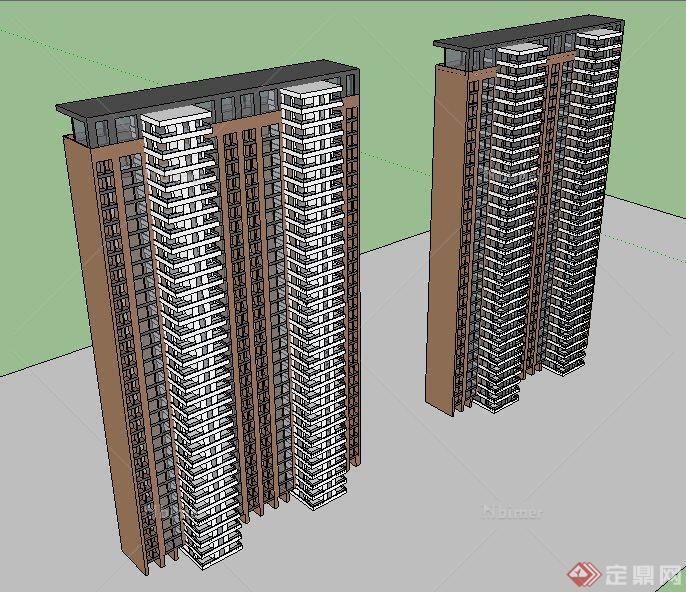 两栋现代高层住宅楼建筑设计su单体模型[原创]