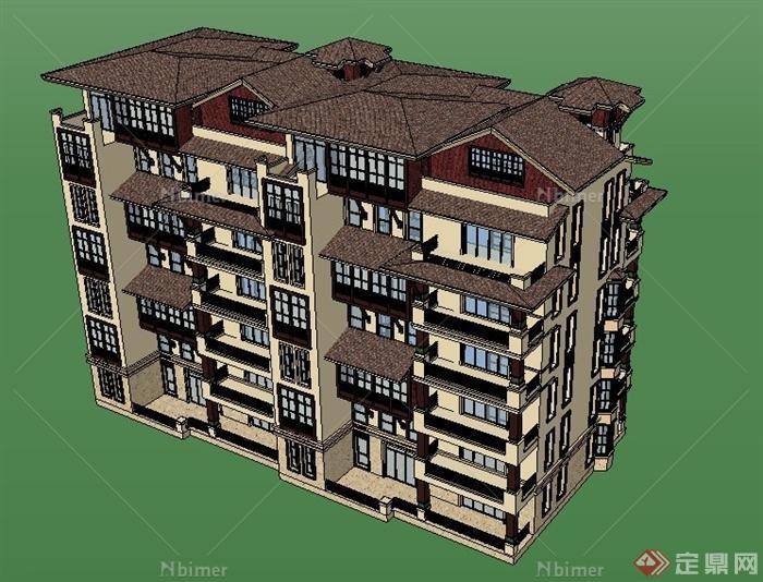 东南亚风格7层花园洋房住宅楼建筑su模型[原创]