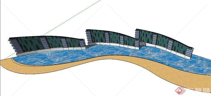 园林景观节点弧形水池与景墙设计SU模型