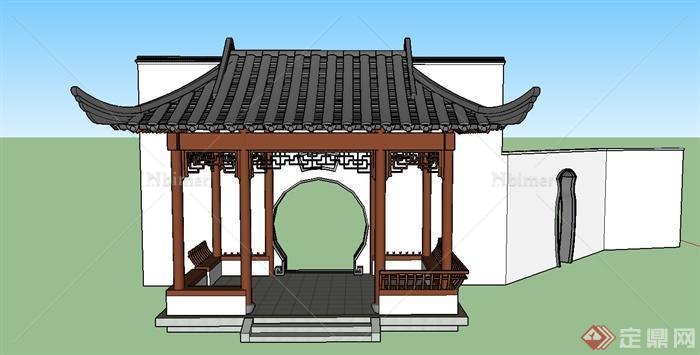 古典中式四角亭与门廊组合设计SU模型