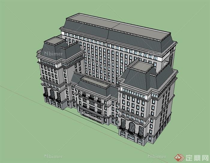 某欧式风格详细精致多层酒店建筑设计su模型[原创