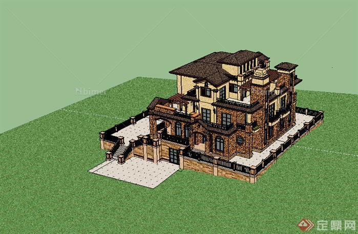 某欧式风格独栋别墅建筑方案设计SU模型素材